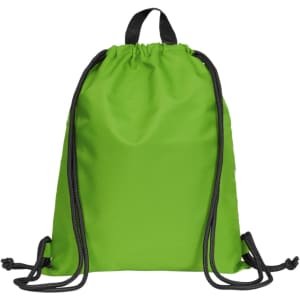 A green drawstring bag with black cords and a top handle. It features a branding logo.