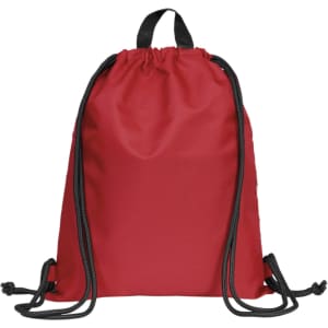 A red drawstring bag with black cords and a top handle, featuring a logo.