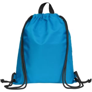 A blue drawstring bag with black cords and a top handle, featuring a logo on its surface.