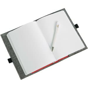 A grey felt cover opens to reveal blank white pages and a silver pen placed inside.