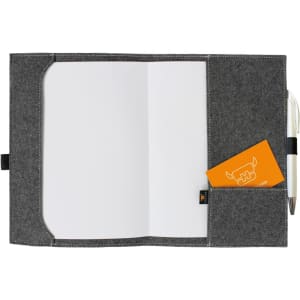 A grey felt cover with a blank notepad, a card pocket, and a pen holder. It features an attached logo.