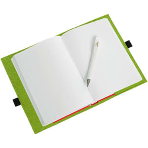 A green felt cover compendium with an open notebook and a pen resting on the pages.
