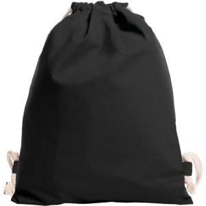 A black drawstring bag with natural rope ties and a branded label on one side.