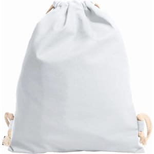 A light grey drawstring bag with beige rope handles and a logo at the front.