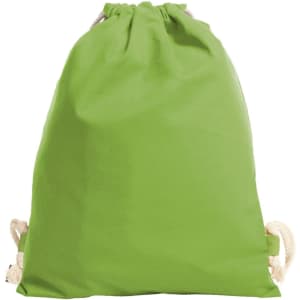 A green drawstring bag with natural rope straps and no visible branding.