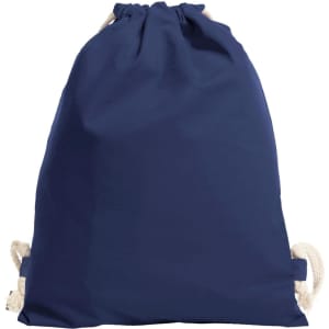 A navy blue drawstring bag with cream-coloured ropes, featuring a logo on the front.
