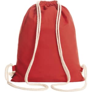 A red drawstring bag with cream-coloured ropes, featuring a branding logo.