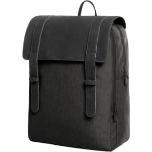 A black Urban Notebook Backpack with a flap cover and adjustable straps, featuring a logo.