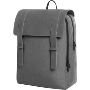 A grey urban notebook backpack with a flap closure and adjustable straps, featuring a logo on the front.