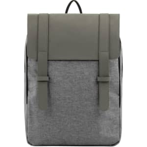 A laptop backpack in grey fabric with a contrasting grey flap and two front straps, featuring a simple logo.