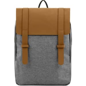 A grey laptop backpack with a brown faux leather flap and two front straps, featuring a simple design and logo.