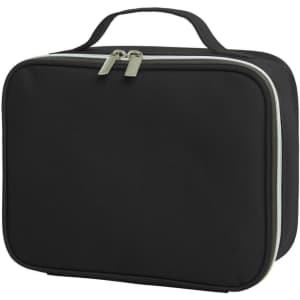 A black zipper bag with a handle, featuring a two-tone zipper design. It has a structured shape and a minimalist look.