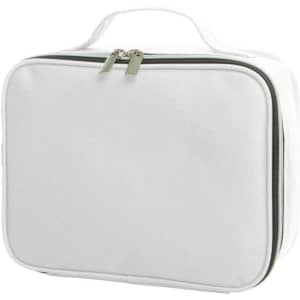 A white zippered bag with a handle, featuring a simple design and an inner compartment.