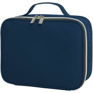 A navy blue zipper bag with a handle and dual zippers, featuring a smooth fabric exterior.