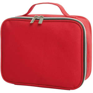 A red zipper bag with a handle and a double zipper closure, featuring a plain design.