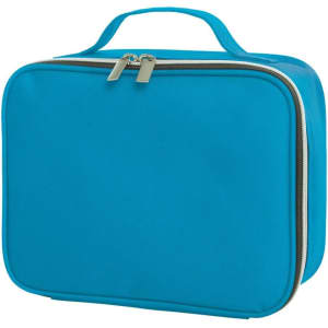 A blue zipper bag with a handle and double zipper closure, featuring a smooth exterior and a simple design.