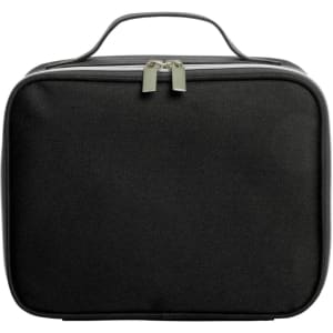 A black zipper bag with a handle, featuring a zip closure and a simple design. It has a logo on the front.