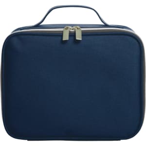 A navy blue zipper bag with a handle and dual zipper closure, featuring a simple design and branding.