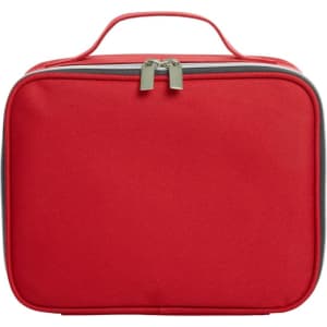 A red zipped bag with a handle, featuring a sturdy exterior and a branded logo.