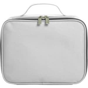 A white zippered bag with a handle and dual zippers. It has a simple design and includes a logo.