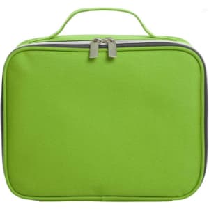 A green zipper bag with a handle and double zipper closure, featuring a logo on one side.