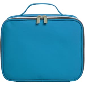 A blue zipped bag with a handle and a gold zip, featuring a simple design and a solid colour.