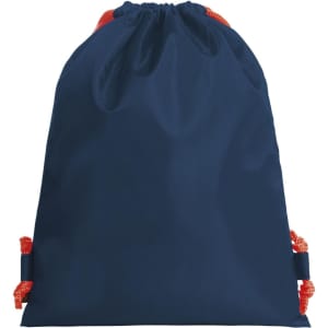 A navy drawstring bag with orange cord accents, featuring a simple design and a logo on the front.