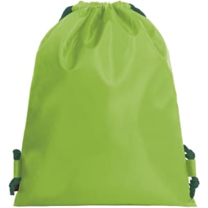 A bright green drawstring bag with matching green cords, featuring a simple design and a logo.