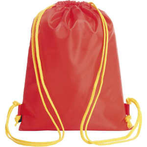 A red drawstring bag with yellow cord handles and a solid design. It features a logo on one side.