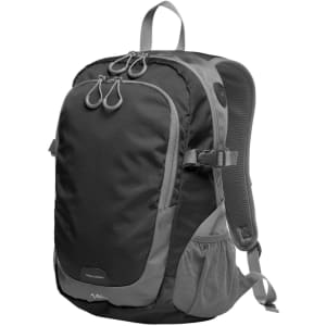 A black and grey backpack featuring adjustable straps, side pockets, and a logo. Ideal for everyday use.
