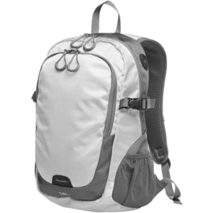 A grey and white Step Backpack M with multiple compartments and a logo on the front.