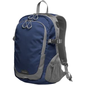 A navy blue backpack with grey accents, featuring multiple compartments and a comfortable padded back.