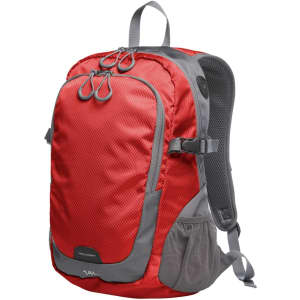 A red and grey backpack features multiple compartments and a logo, ideal for carrying personal items.