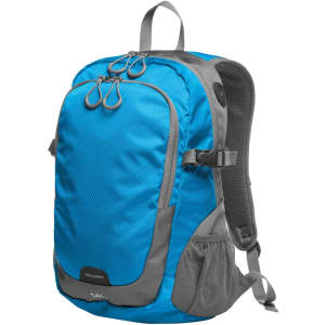 A blue and grey backpack with adjustable straps and multiple compartments. It features a logo on the front.