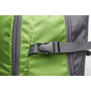 A green and grey backpack featuring a mesh design and adjustable buckle. It has a branded logo on the side.