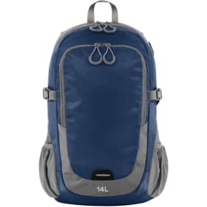 A navy blue backpack with grey accents, featuring side pockets and a logo. Volume capacity of 14L.