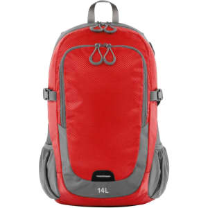 A red and grey backpack with adjustable straps and a central compartment, featuring mesh detailing and side pockets.