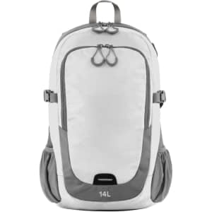 A grey and white backpack with multiple compartments and a logo, featuring mesh sides and adjustable straps.