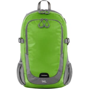A vibrant green backpack with grey accents, featuring adjustable straps and side pockets. It has a logo.