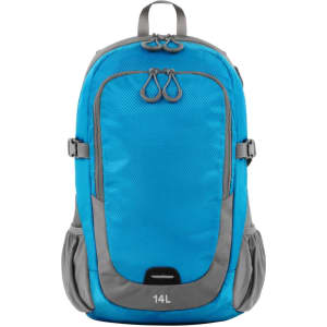 A blue and grey backpack with adjustable straps and a mesh front pocket. It features a logo and side pockets.