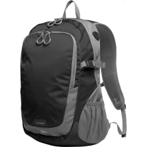 A black and grey backpack with padded straps, mesh panels, and a spacious main compartment. Features a logo.