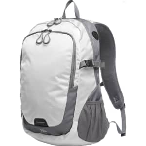 A grey and white backpack with multiple pockets and a padded back, featuring a logo.