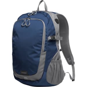 A navy blue and grey backpack featuring adjustable straps and side pockets, with a logo on the front.