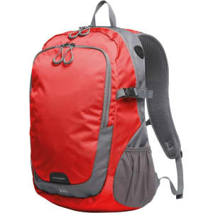 A red and grey backpack with multiple compartments and adjustable straps. It features a mesh pocket and a branding logo.
