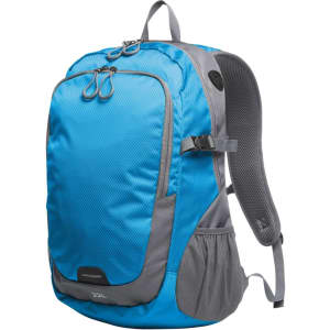 A blue and grey backpack with a logo, featuring padded straps and multiple compartments.