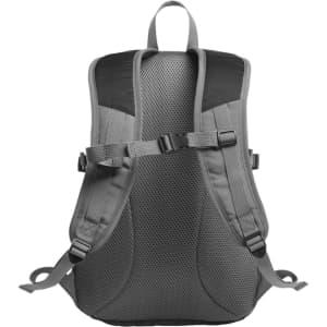A grey backpack featuring mesh padding on the back and adjustable straps. It includes a logo on the front.