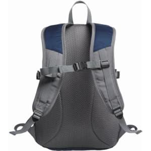 A grey and navy Step Backpack L featuring adjustable straps and a mesh back panel, along with branding.