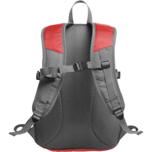 A grey and red backpack featuring padded straps and a textured back panel. It includes adjustable buckles and a logo.