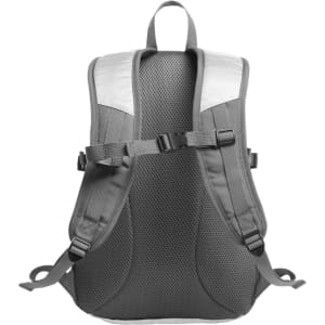 A grey backpack with a mesh back, featuring adjustable straps and a top handle. It has a logo on the front.