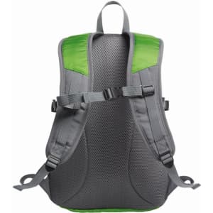 A grey and green backpack featuring padded straps and a textured back panel, with adjustable features and a logo.